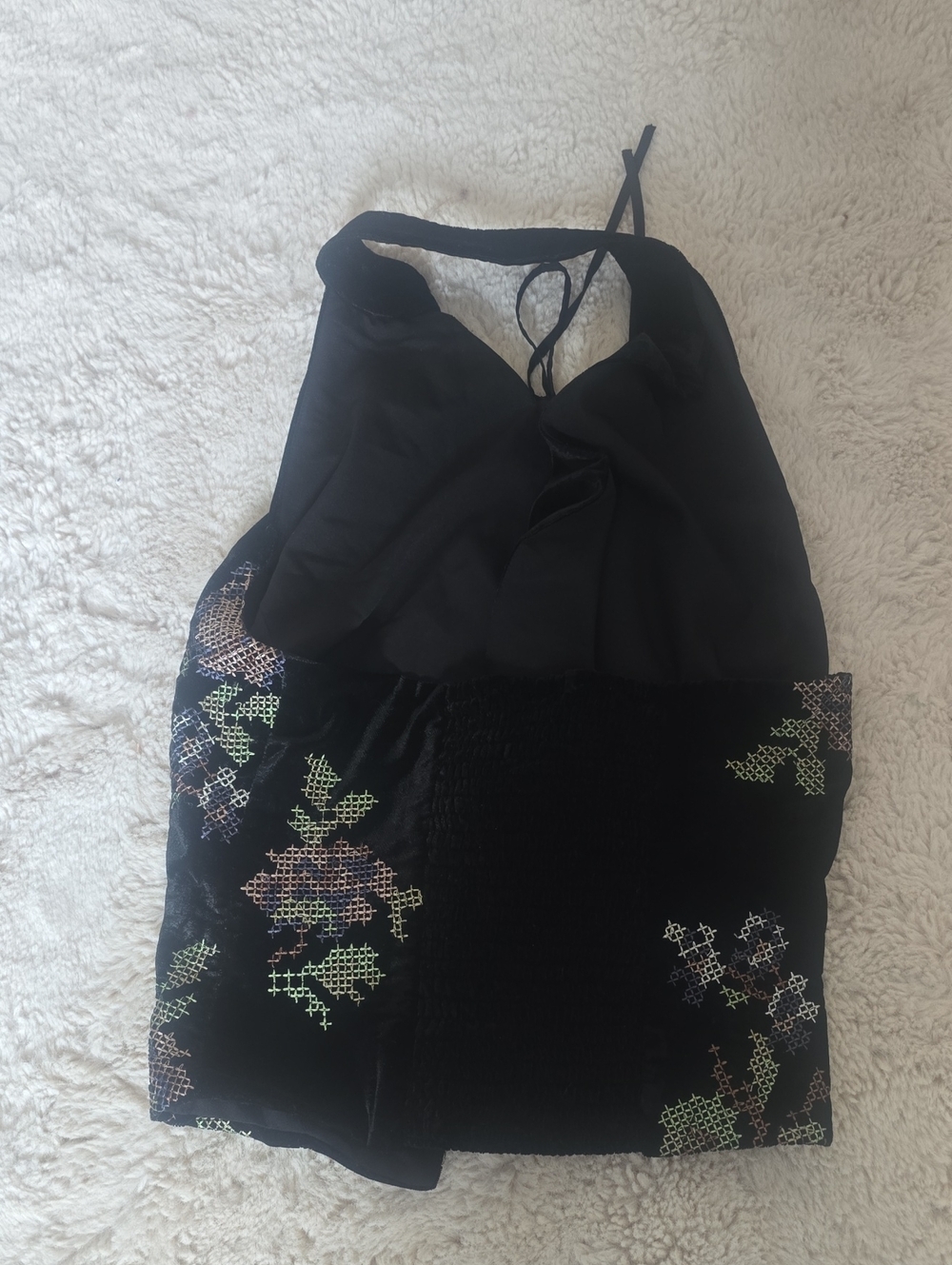Black Halter Top with Embroidered Floral Velvet Panel